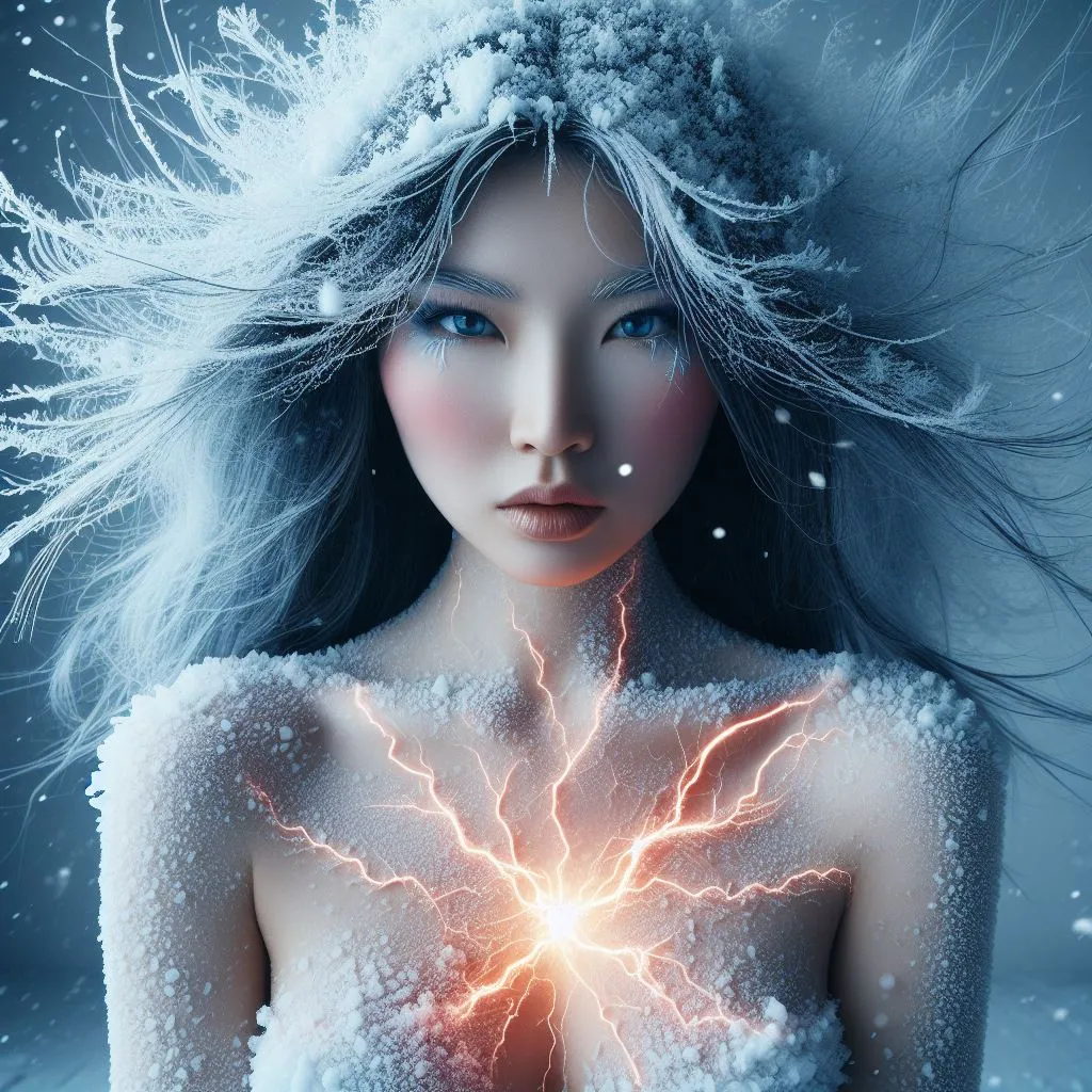 a woman with long hair and blue eyes holding a lightning bolt