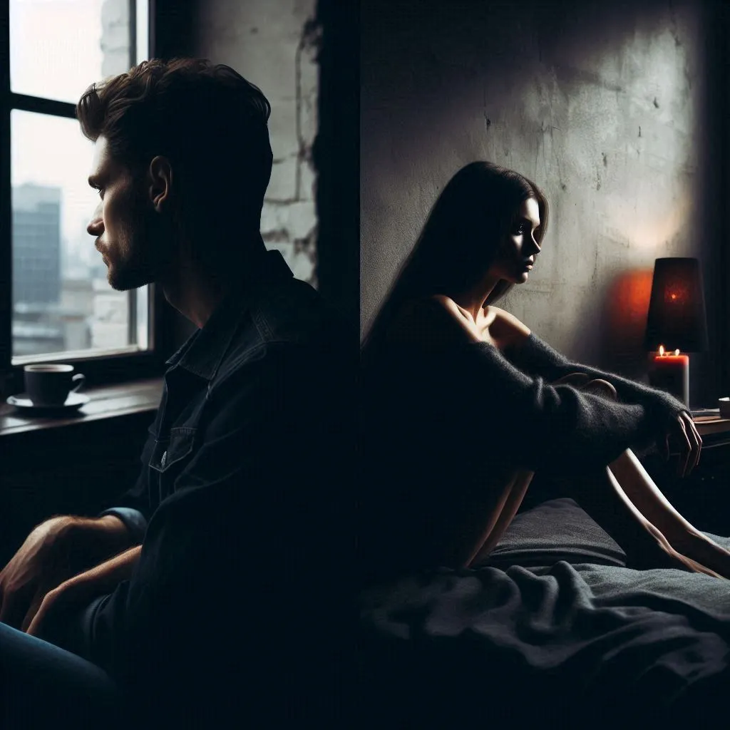 image of separate moments of the man and woman as they reflect on their relationship in solitude, perhaps looking out the window or sitting alone in a dark room.