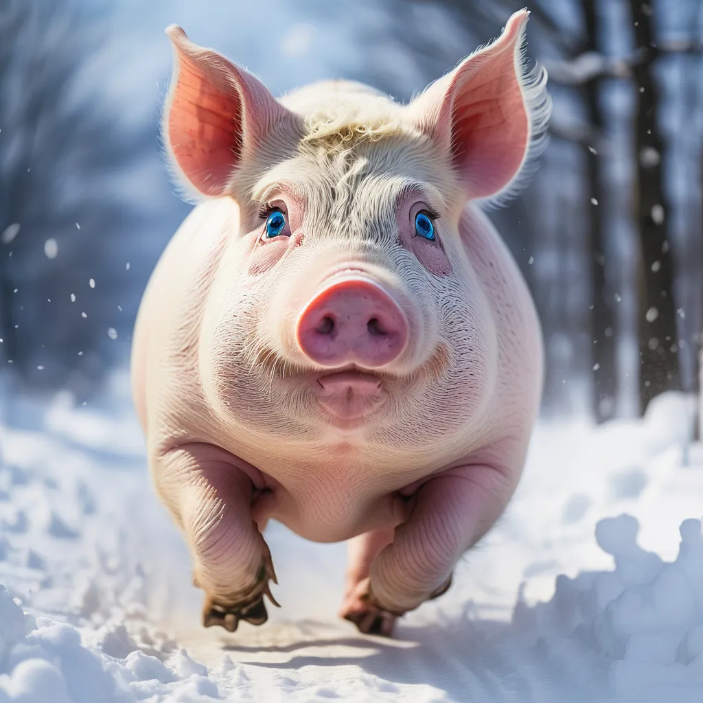 a pig that is running in the snow