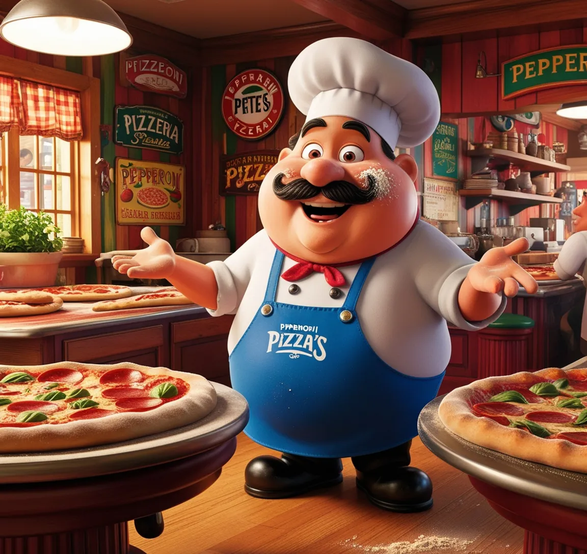 a cartoon character standing in front of some pizzas Pixar 3d