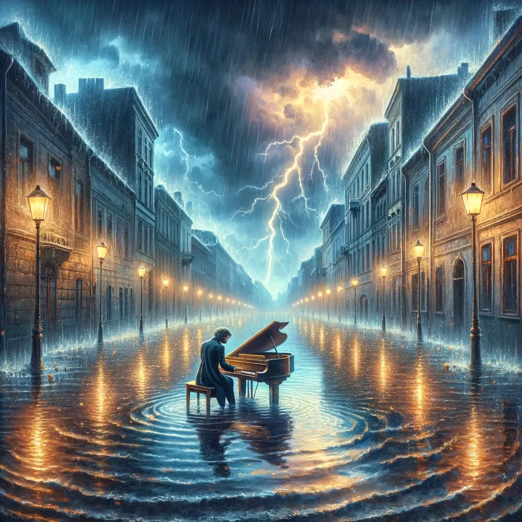 a painting of a man playing a piano in the rain