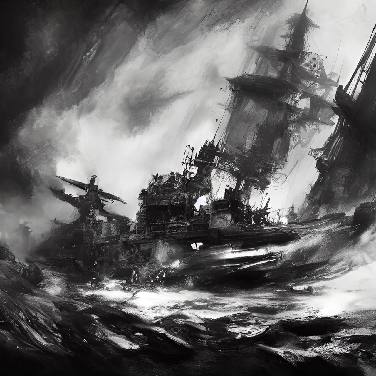 a black and white painting of ships in the ocean