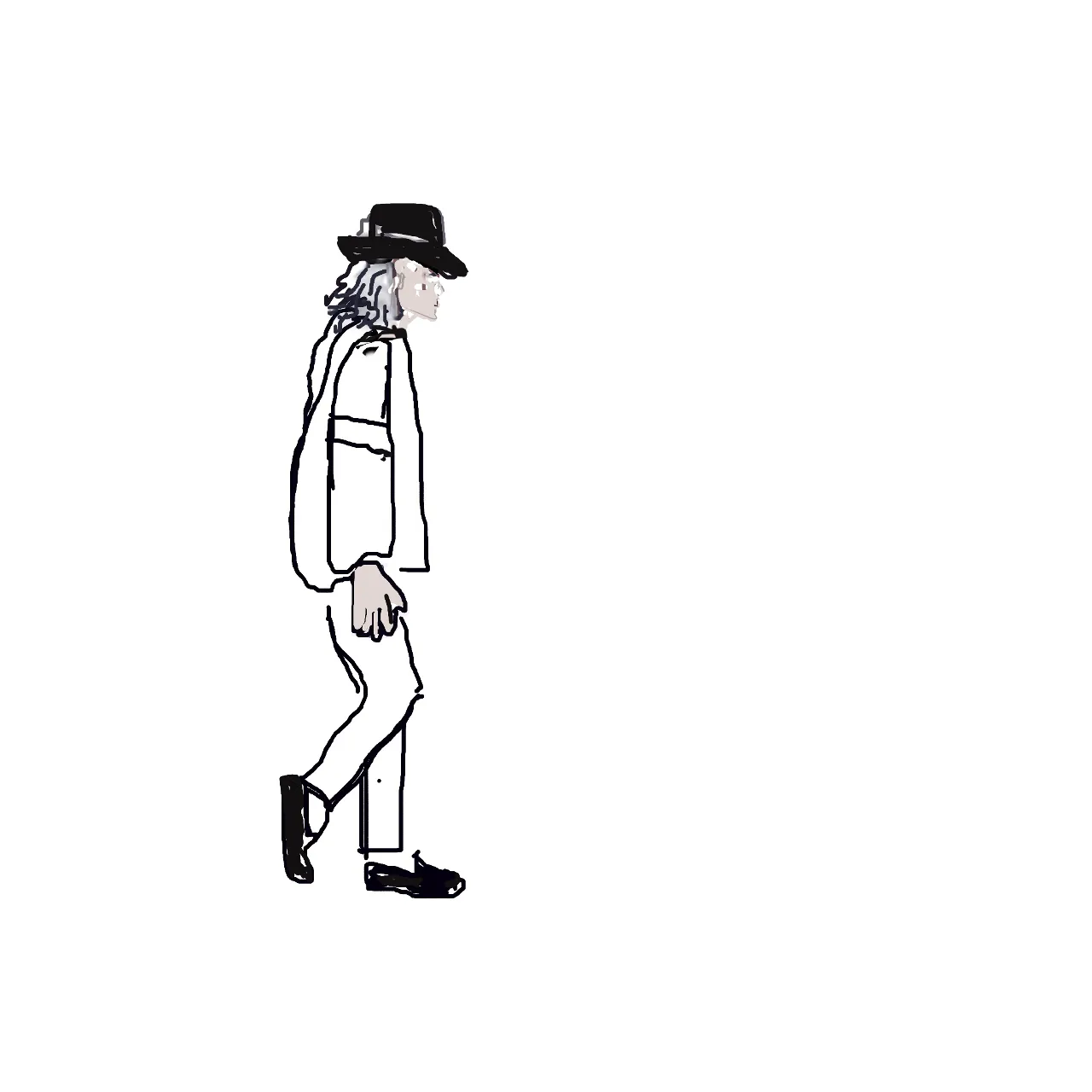 a black and white drawing of a man wearing a hat, he is  dancing moonwalk like michael jackson