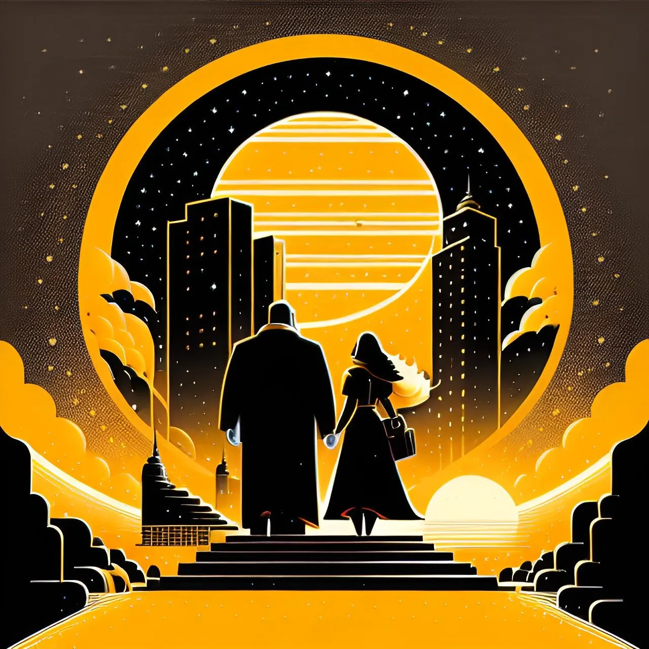 a poster of a man and a woman walking up a flight of stairs