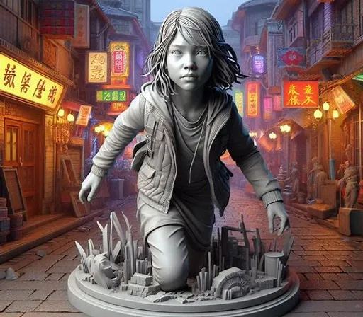 a statue of a girl running down a street