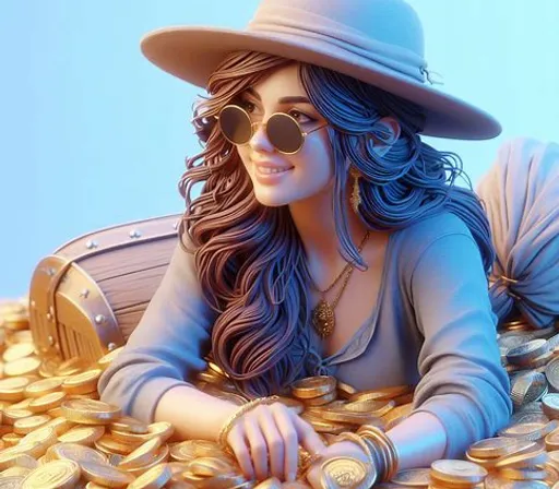 a woman in a hat and sunglasses laying on a pile of gold coins