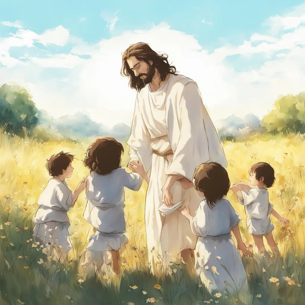 a painting of jesus surrounded by children in a field