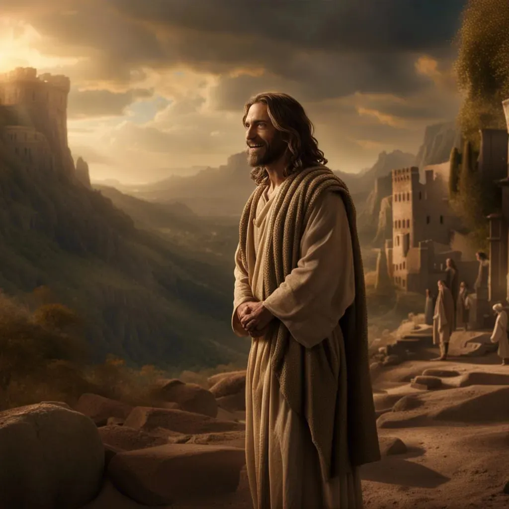 a painting of jesus standing in front of a mountain