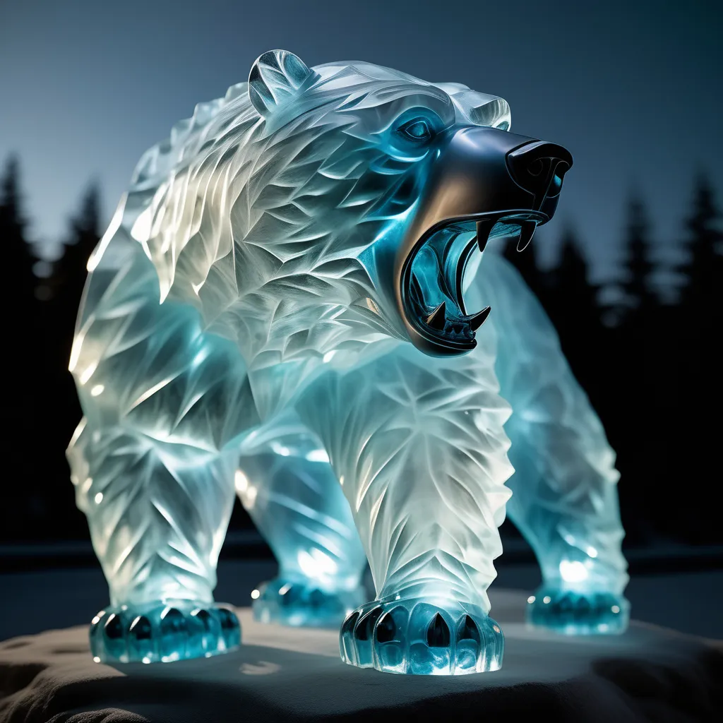 a polar bear statue sitting on top of a snow covered ground