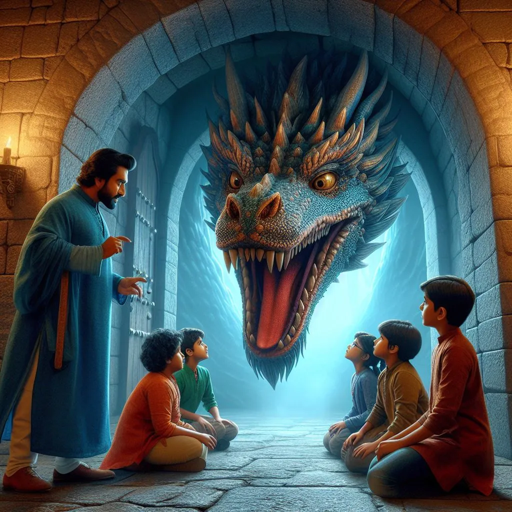 a group of children sitting scared of dragon