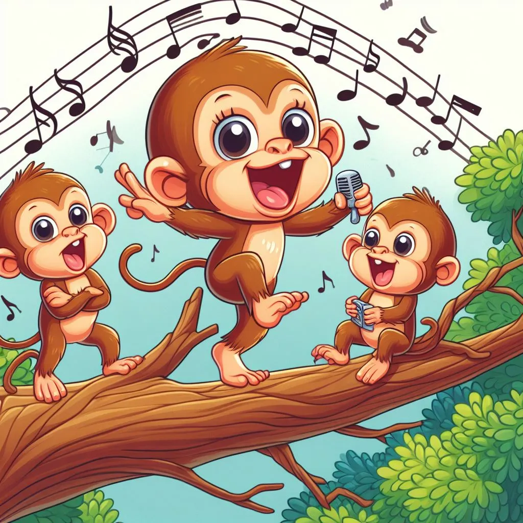 a group of monkeys singing on a tree branch