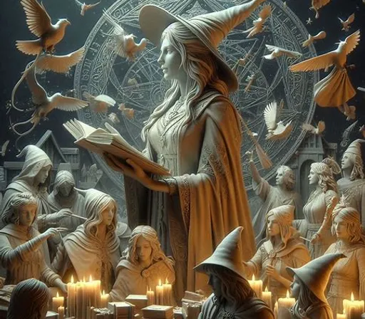 a statue of a wizard holding a book surrounded by candles