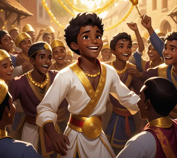 a cartoon of a man in a costume surrounded by other people cheering in afro hair