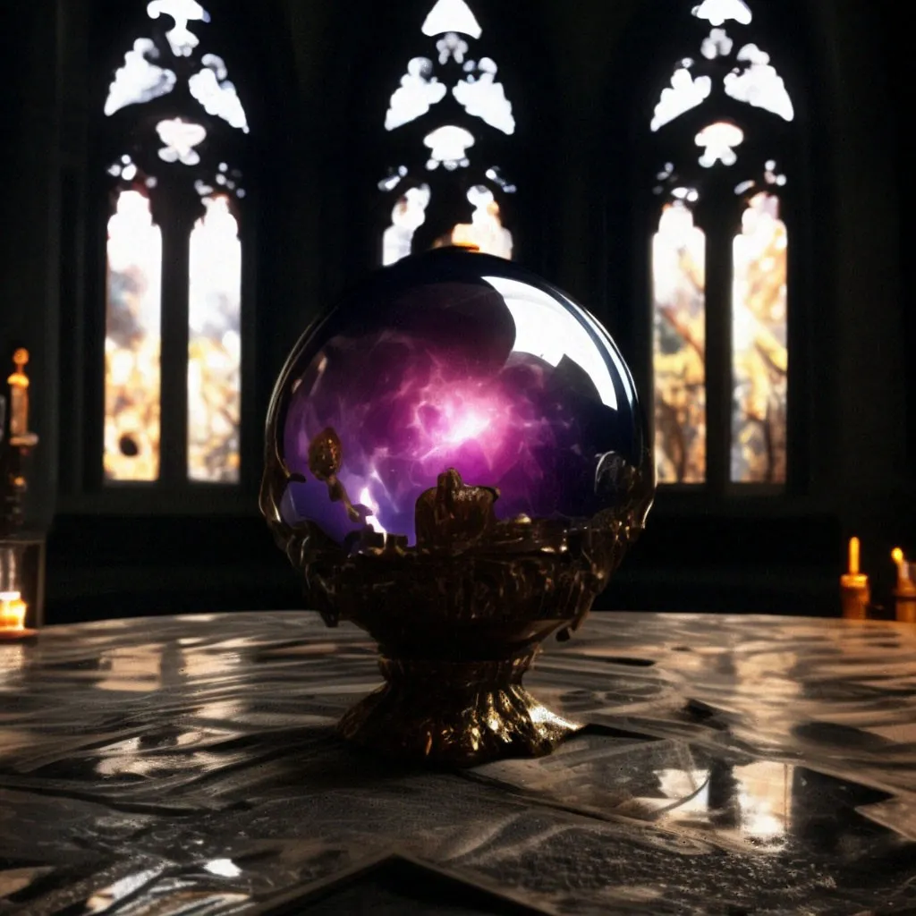 A crystal ball resting on a marble table, projecting the magical glow of the cosmos