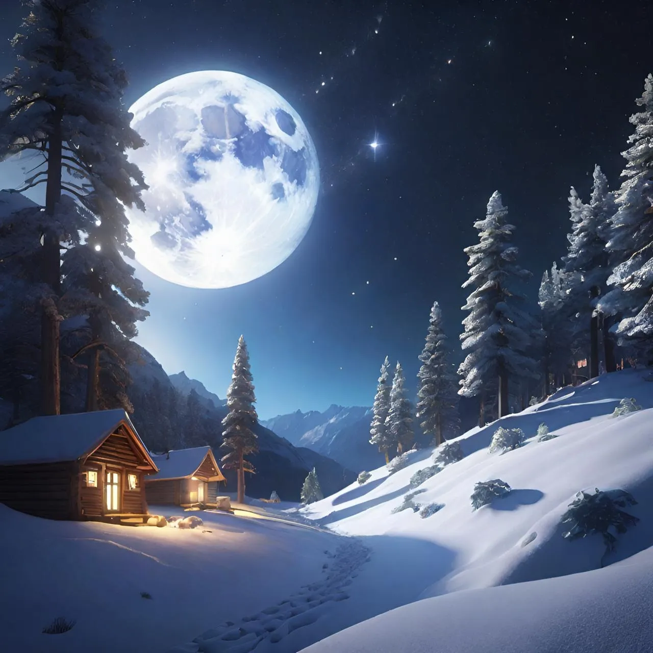 a cabin on a snowy mountain under a full moon