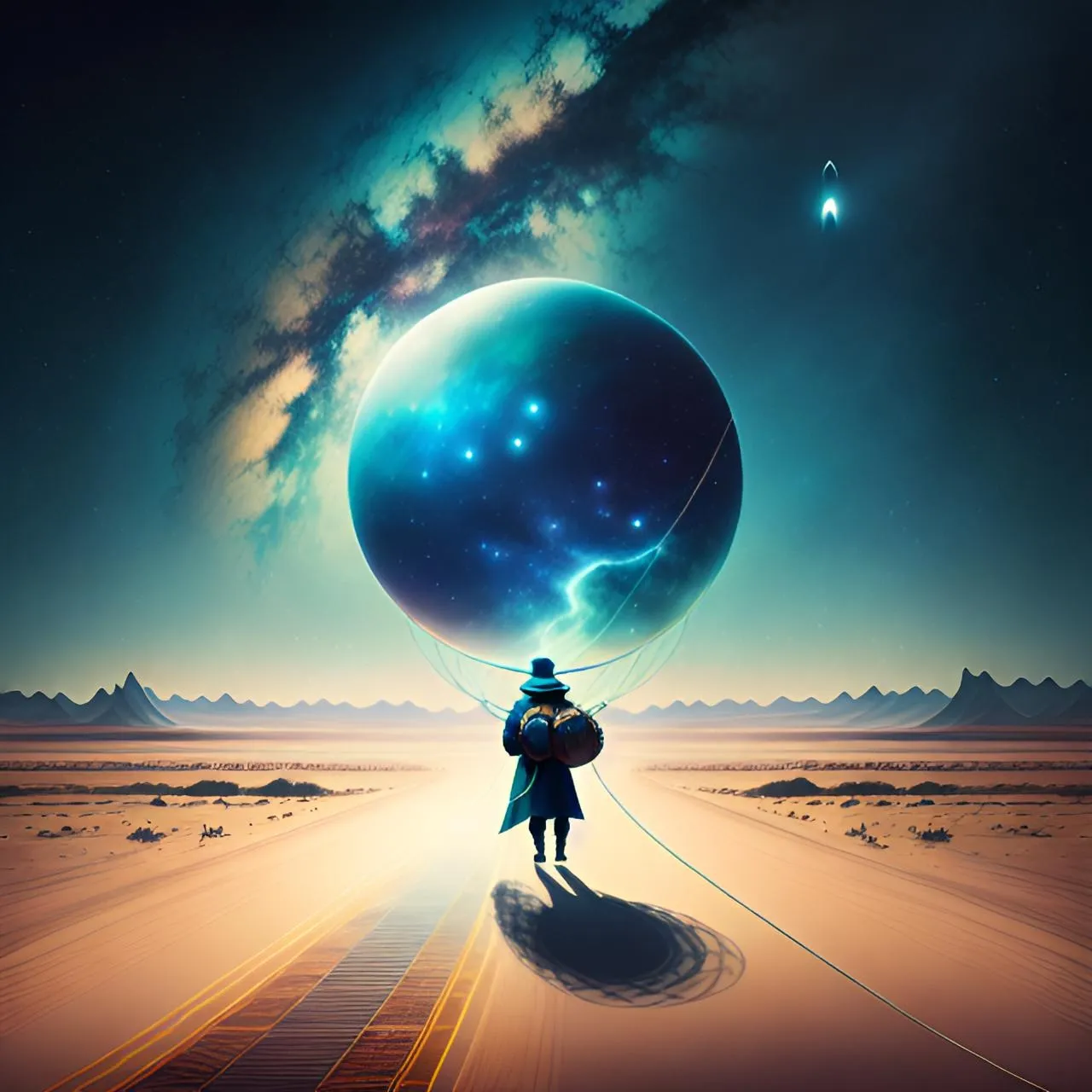 a man holding a large blue ball in the middle of a desert