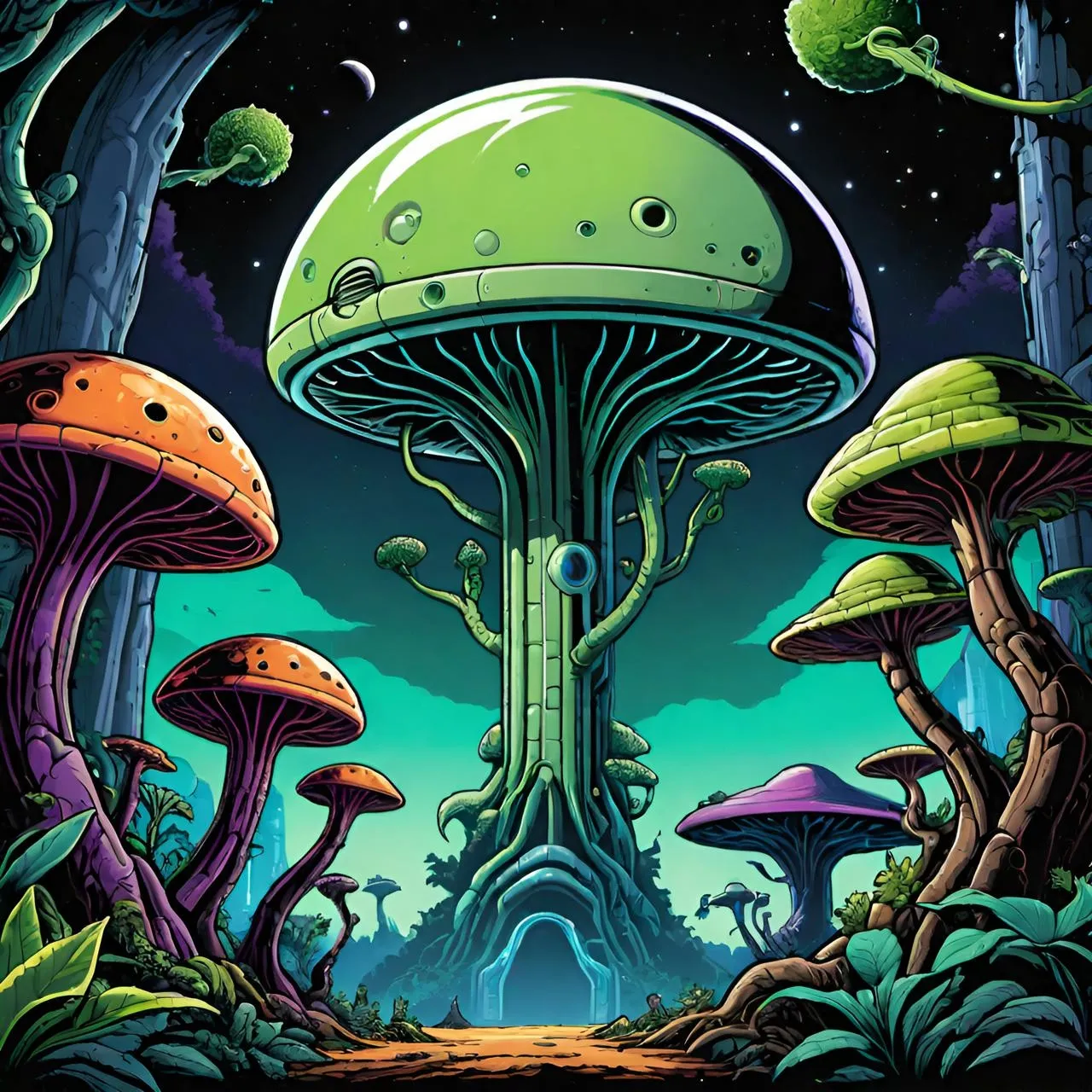 a painting of a mushroom like structure surrounded by trees