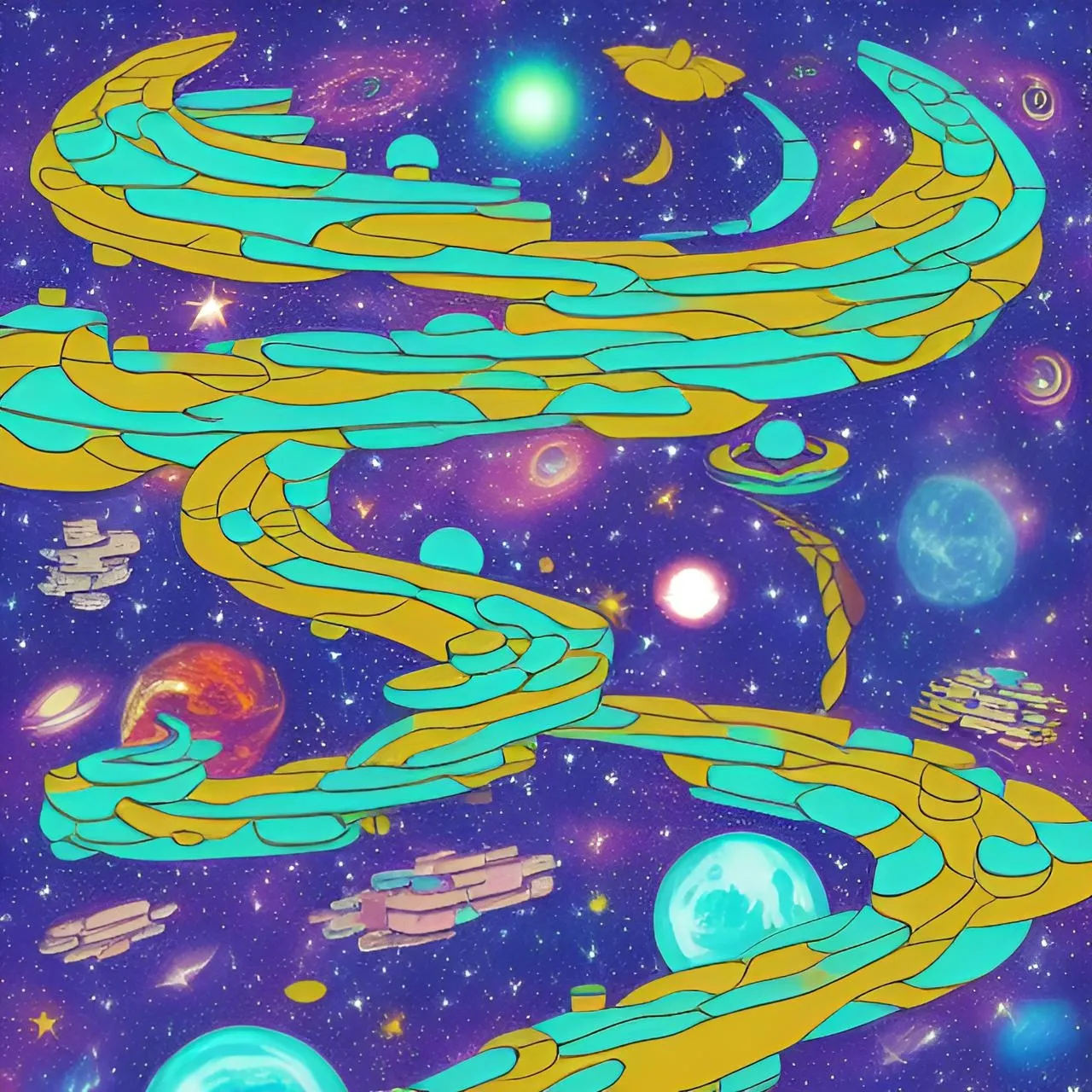 a painting of a yellow and blue snake in space