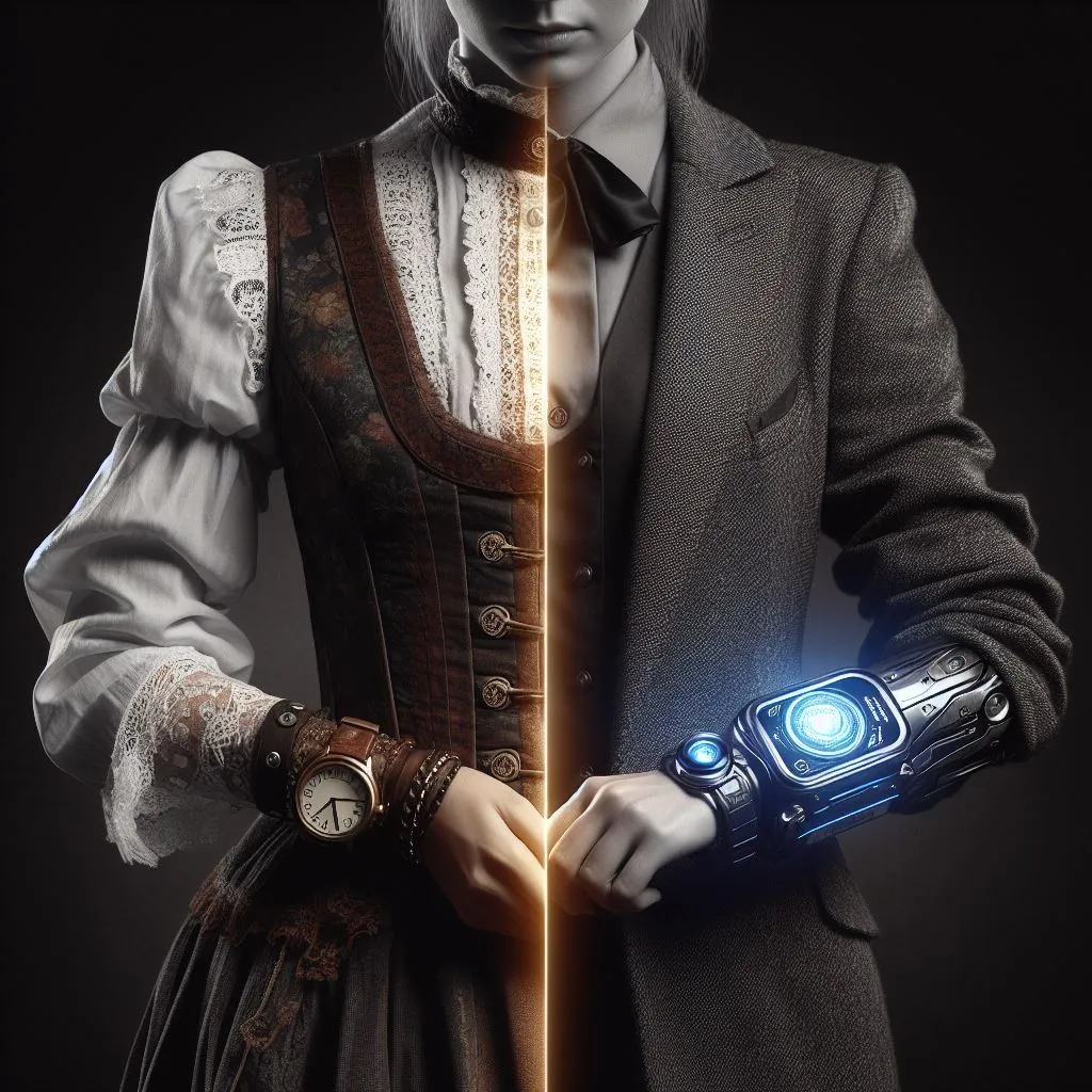 a woman in a steampunk outfit holding a light saber