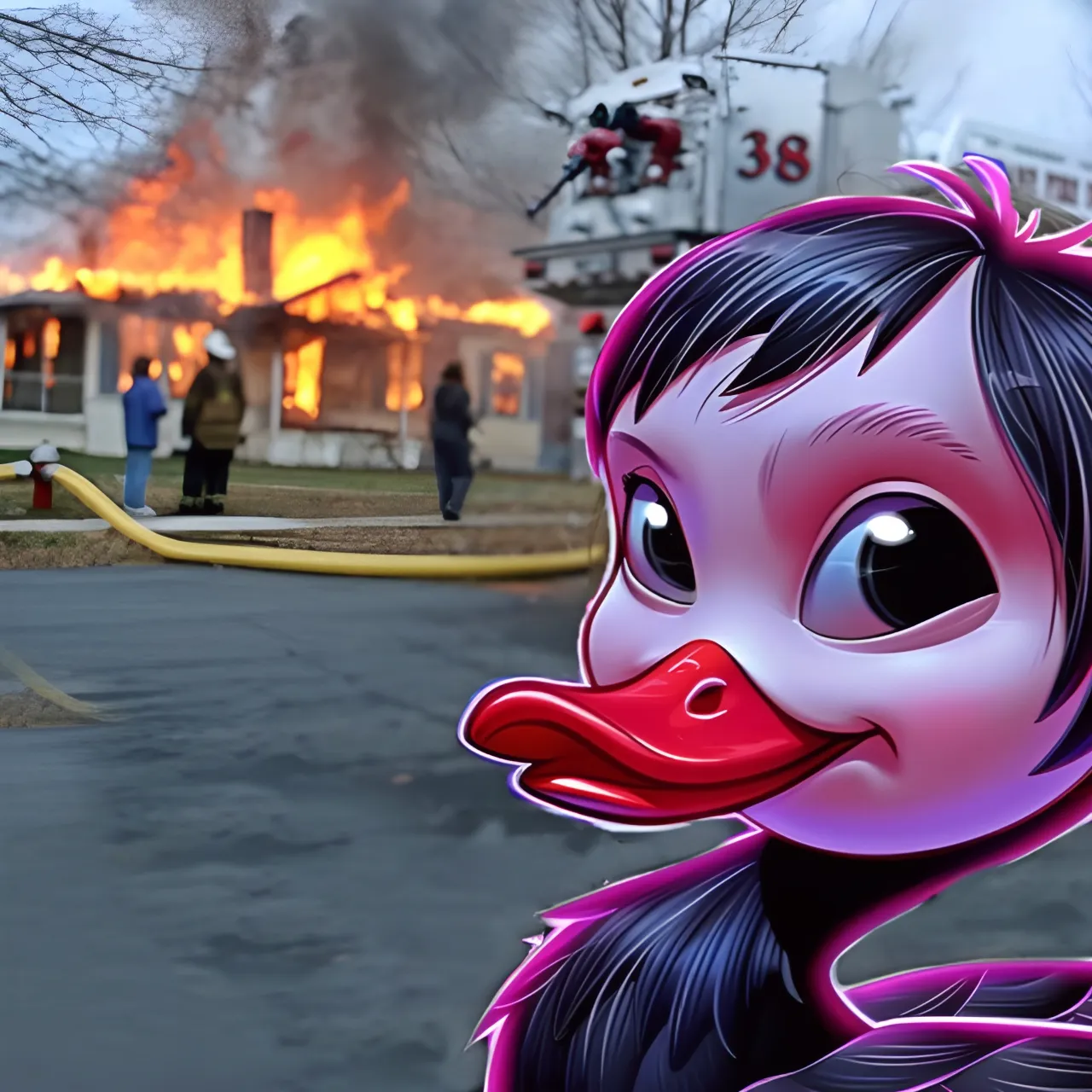 a cartoon of a duck with a fire in the background