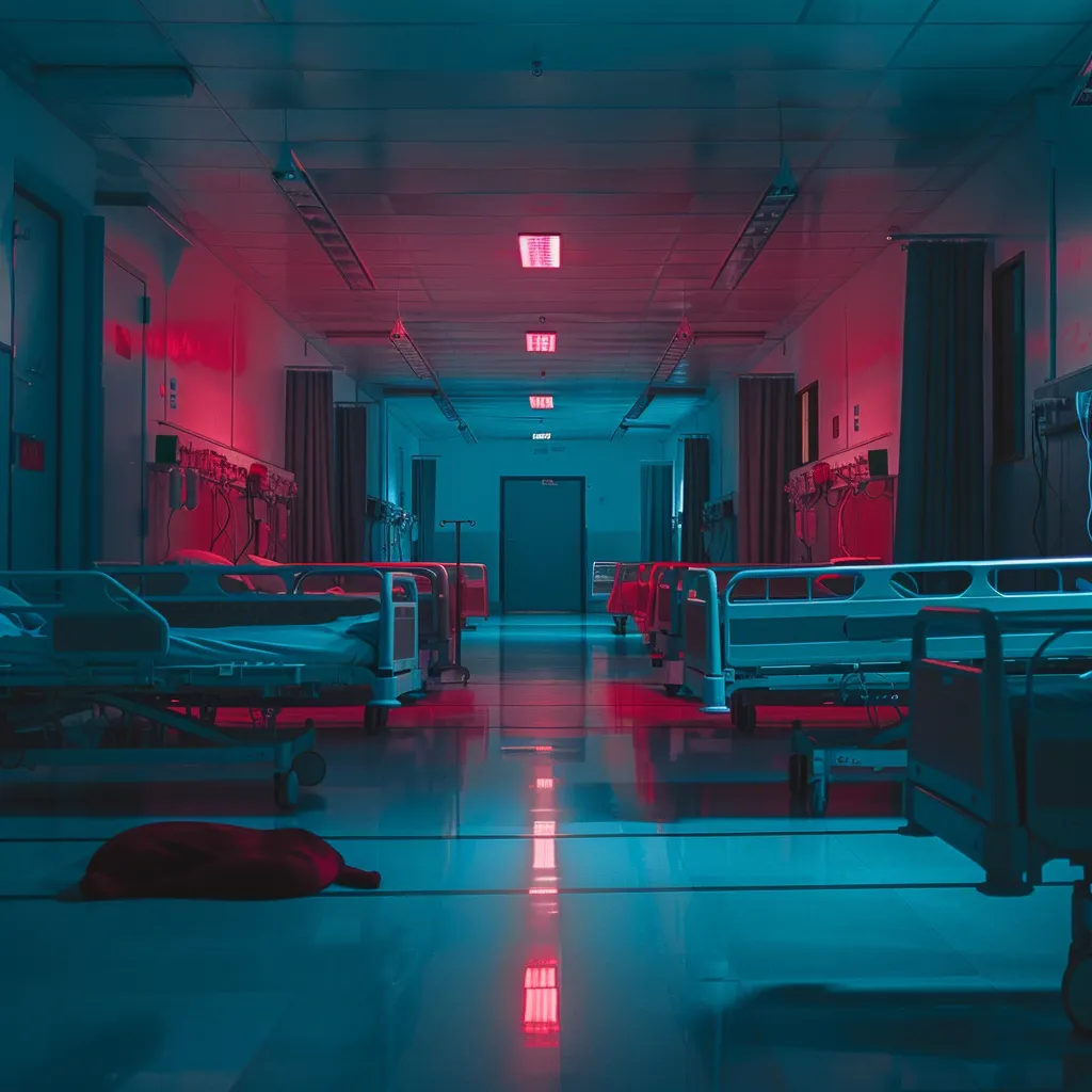 a hospital room with beds, There is a blurry black figure curled up on the ground in the middle of the photo.