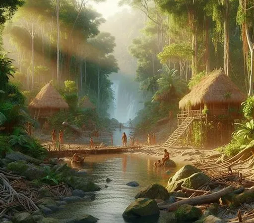 a painting of people in a jungle setting