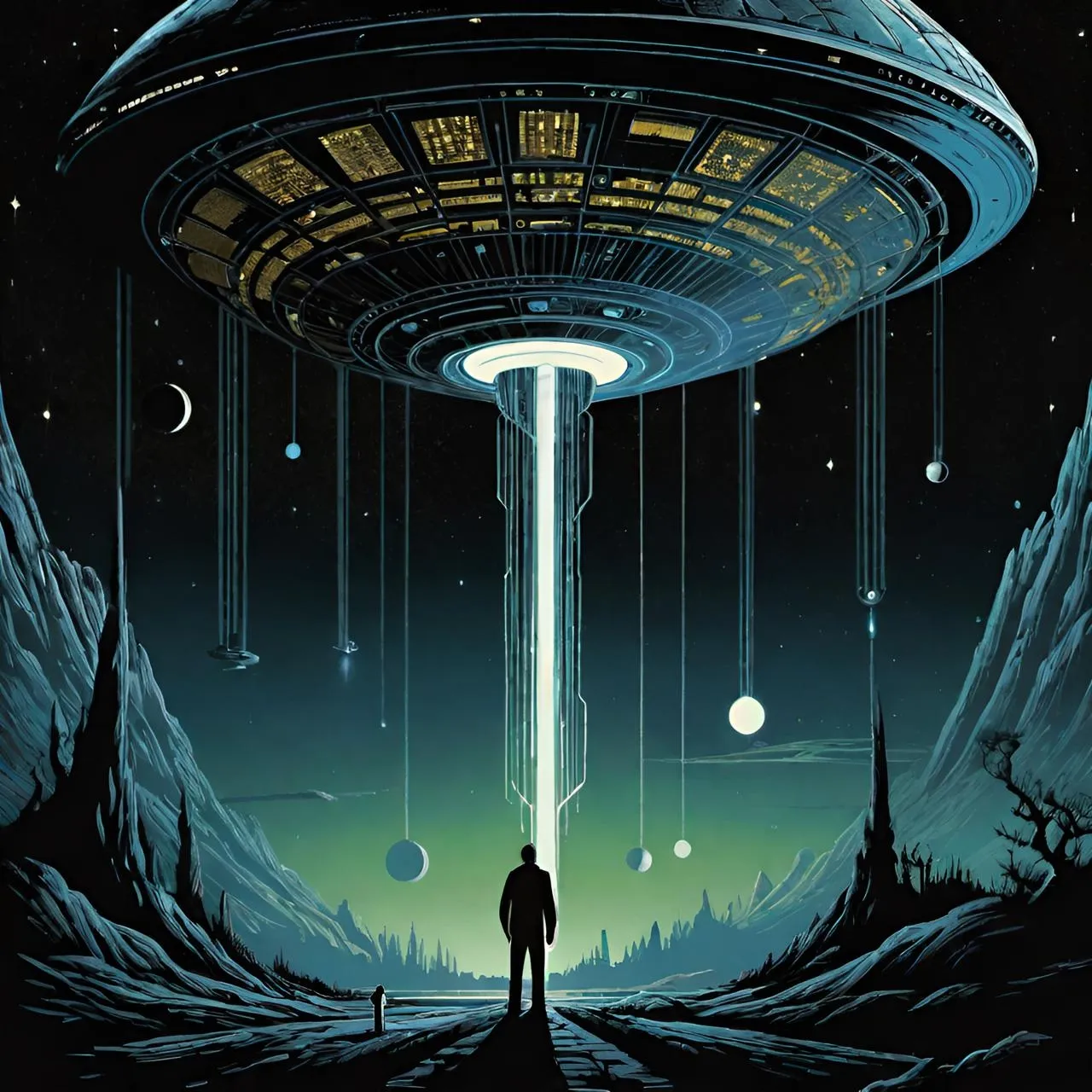 a man standing in front of a giant alien ship