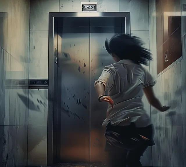 a woman is running through a hallway with an open door