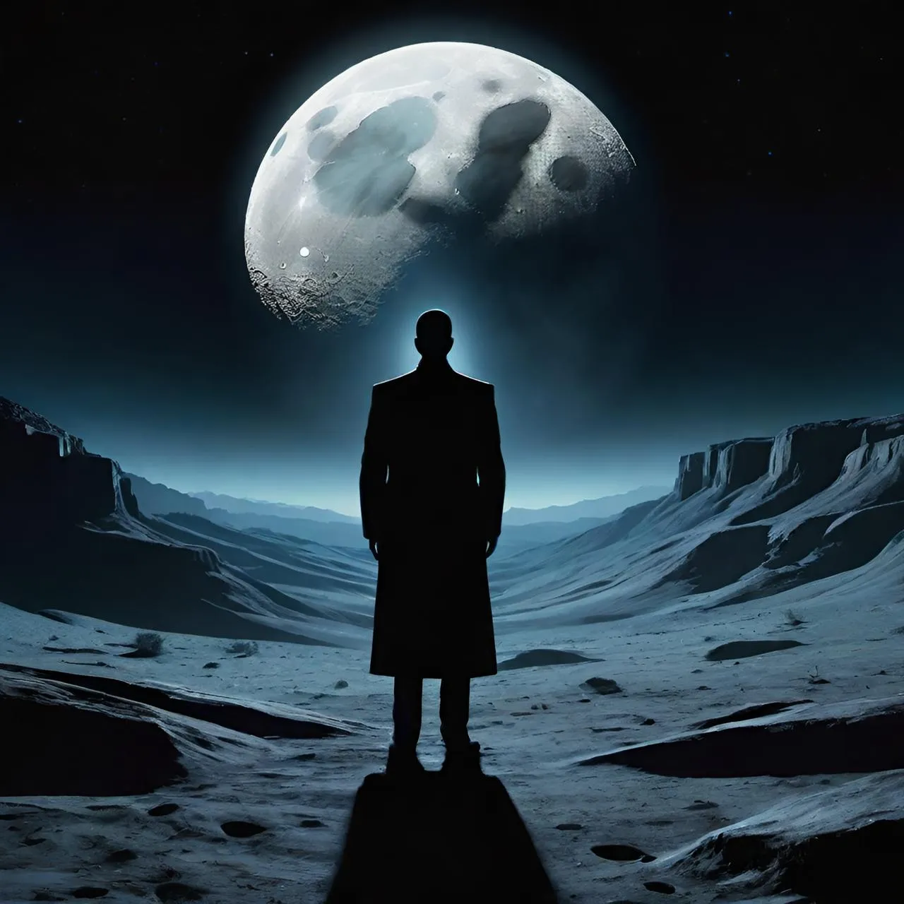 a man standing in front of a full moon