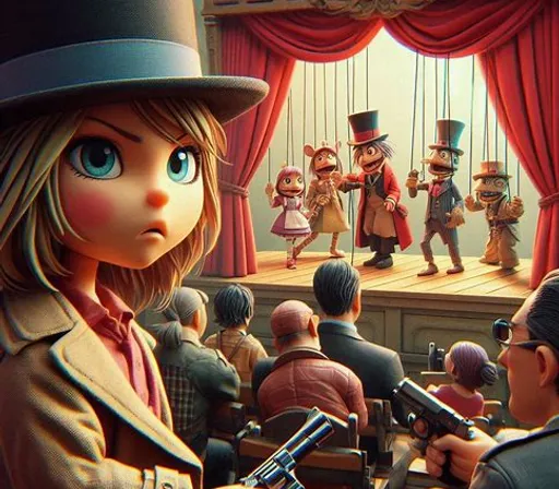 an animated scene of a man in a top hat and a woman with a gun