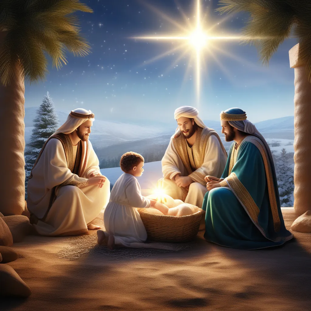 a nativity scene with three wise men and a baby jesus