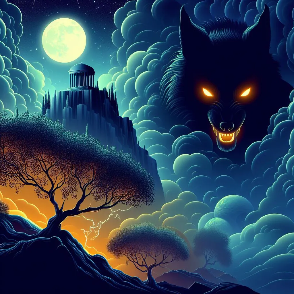 a painting of a wolf with a castle in the background