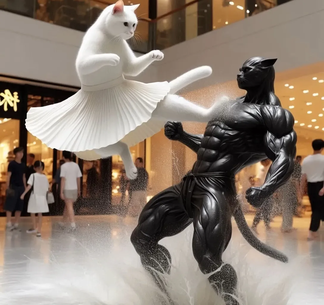 a statue of a man and a cat in a mall