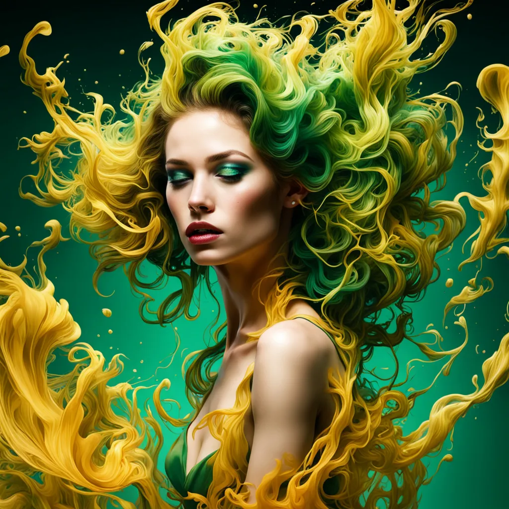 a painting of a woman with green and yellow hair