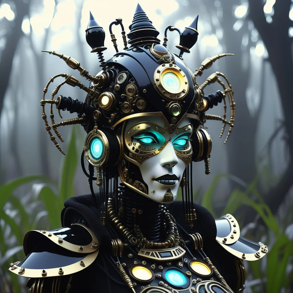 a woman wearing a mask and headdress in a forest