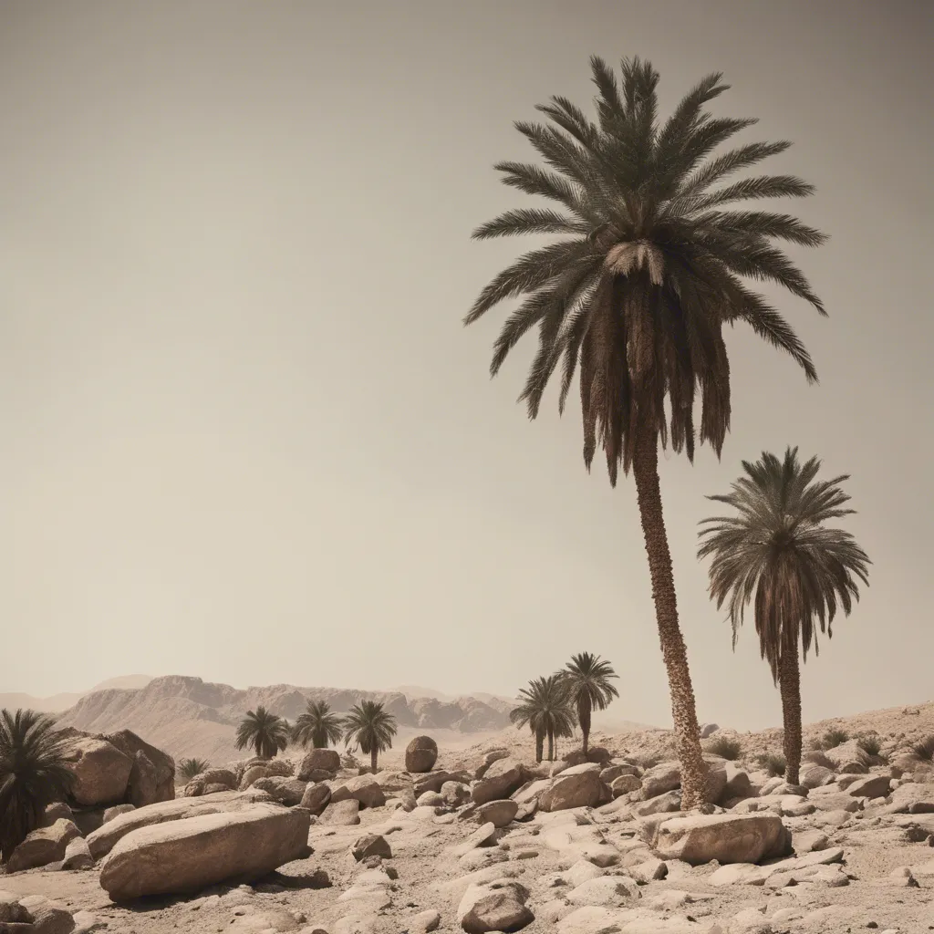 two palm trees in a rocky area with mountains in the background