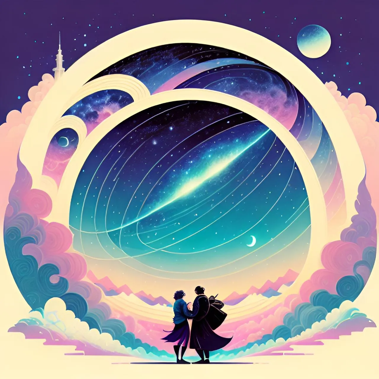 two people standing in front of a space filled with stars