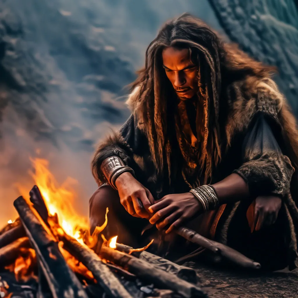 a man with dreadlocks sitting in front of a fire