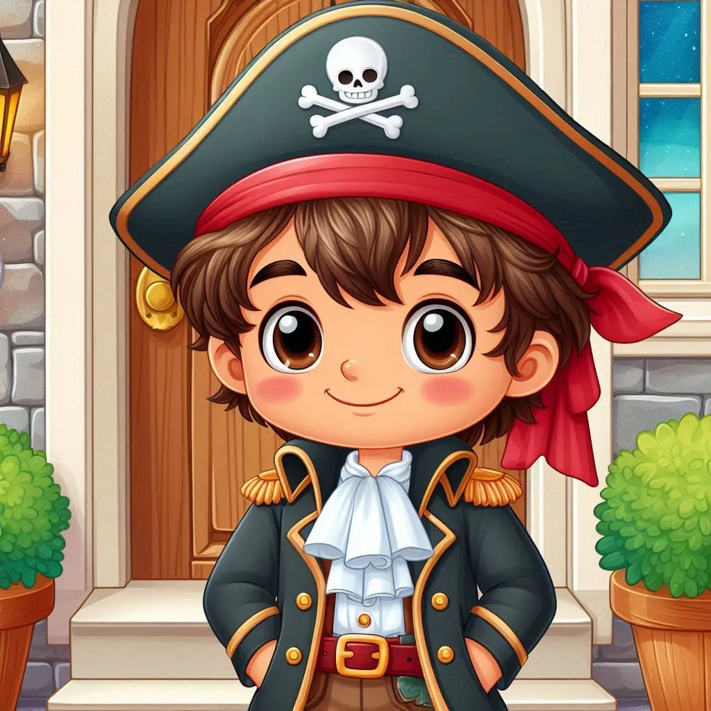 a boy in a pirate costume standing in front of a door