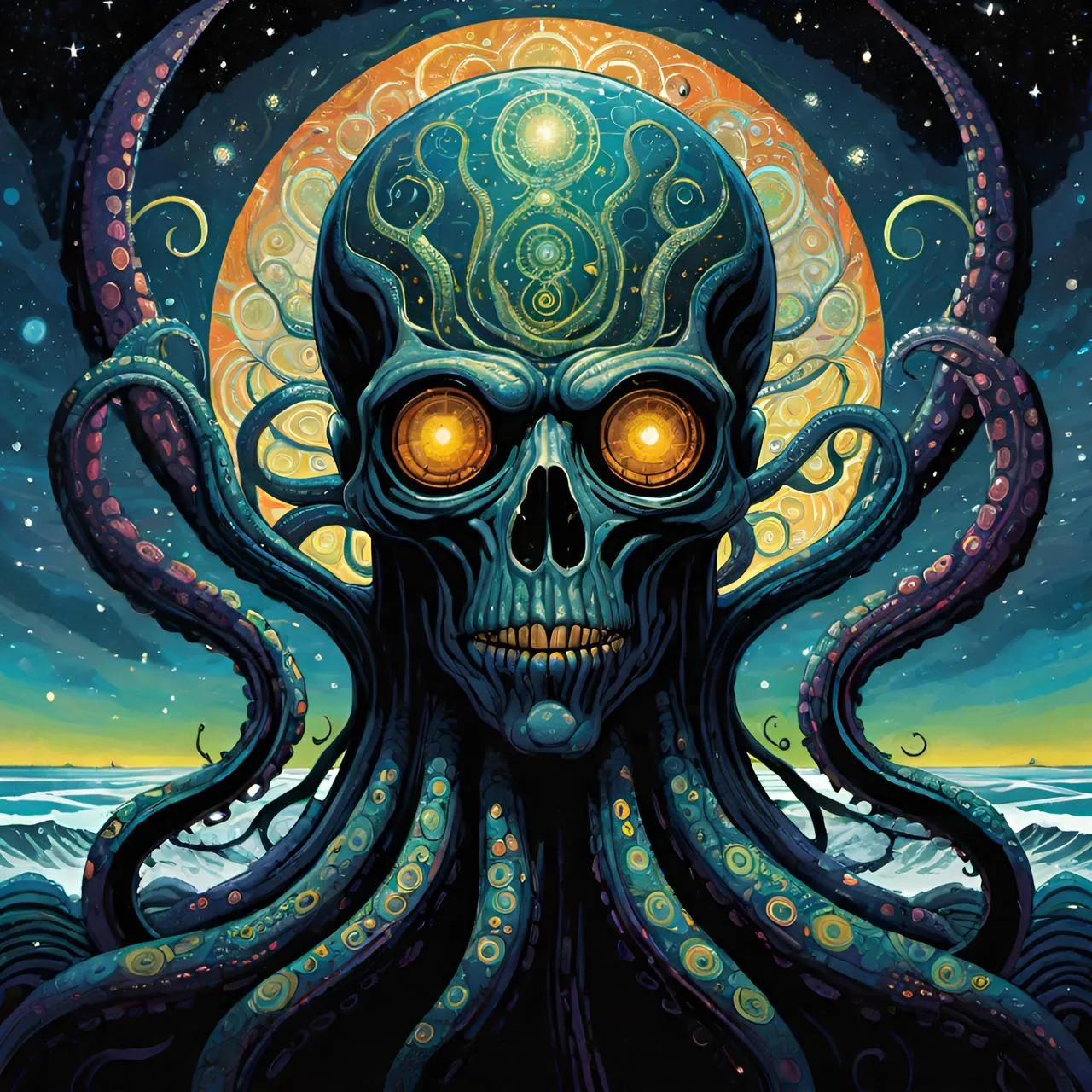 a painting of an octopus with glowing eyes