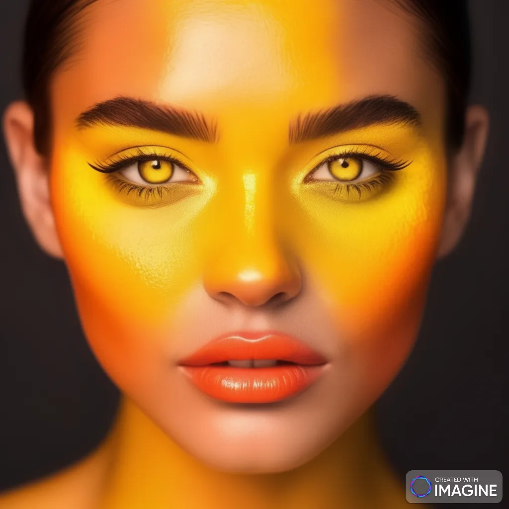 a woman's face with yellow and orange makeup, changes mouth pose