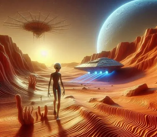 a man standing in a desert with a spaceship in the background