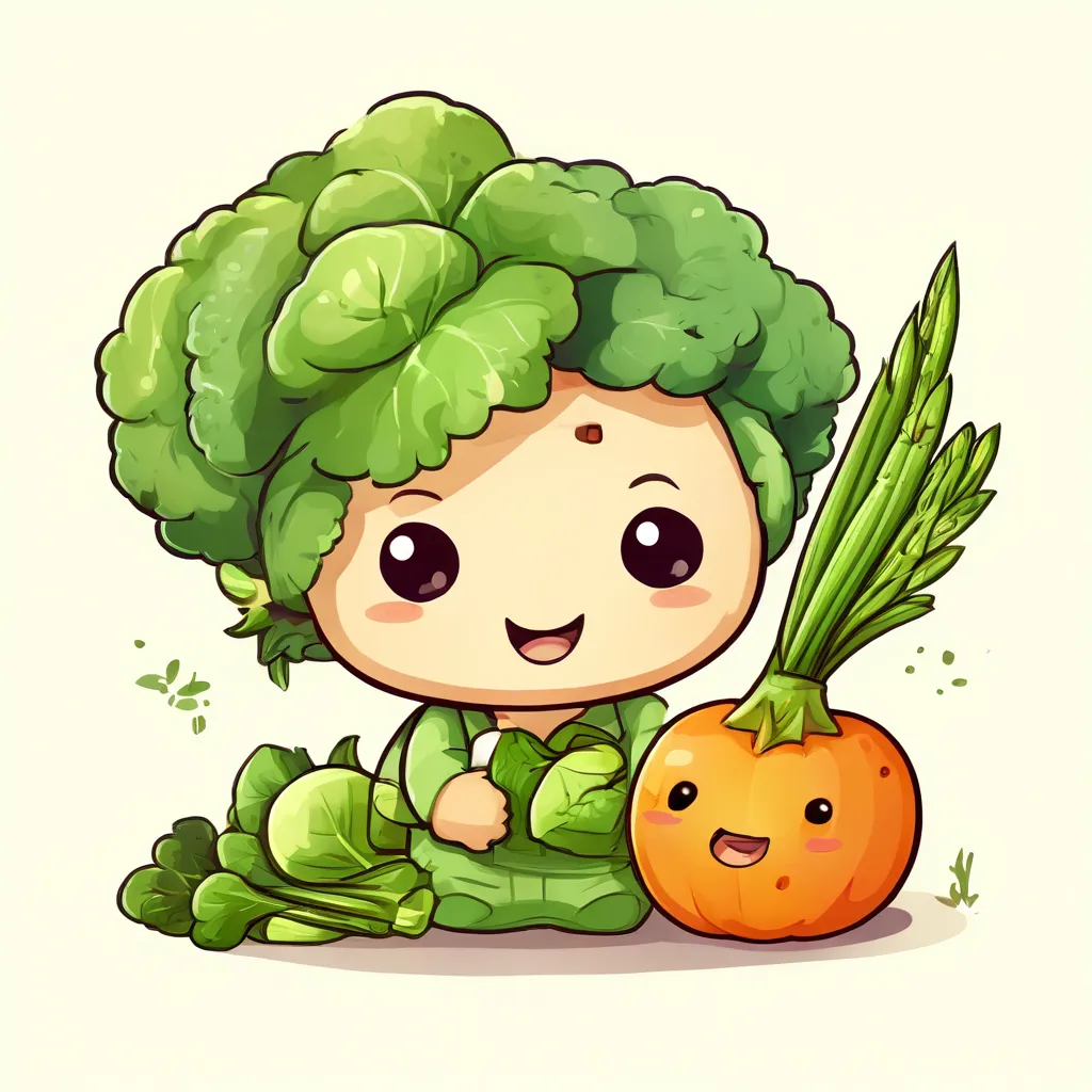 a cartoon character holding a carrot and broccoli