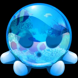 A blue spherical transparent organism with an ocean inside of it