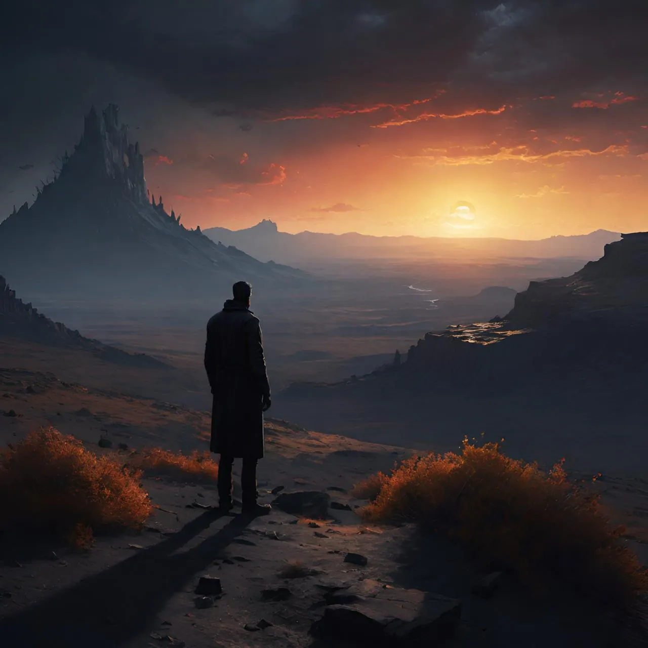 a man standing on top of a mountain at sunset