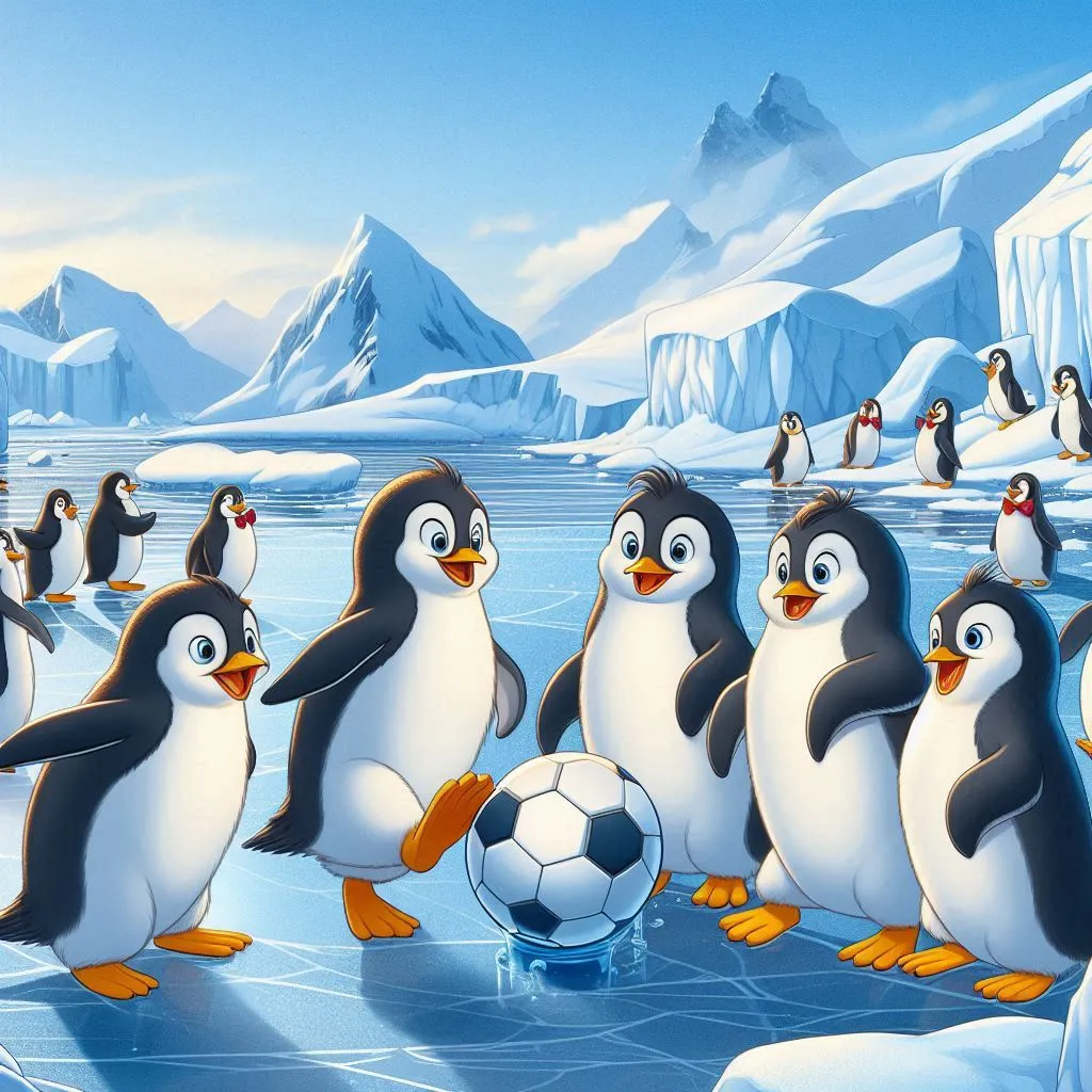 a group of penguins playing with a soccer ball