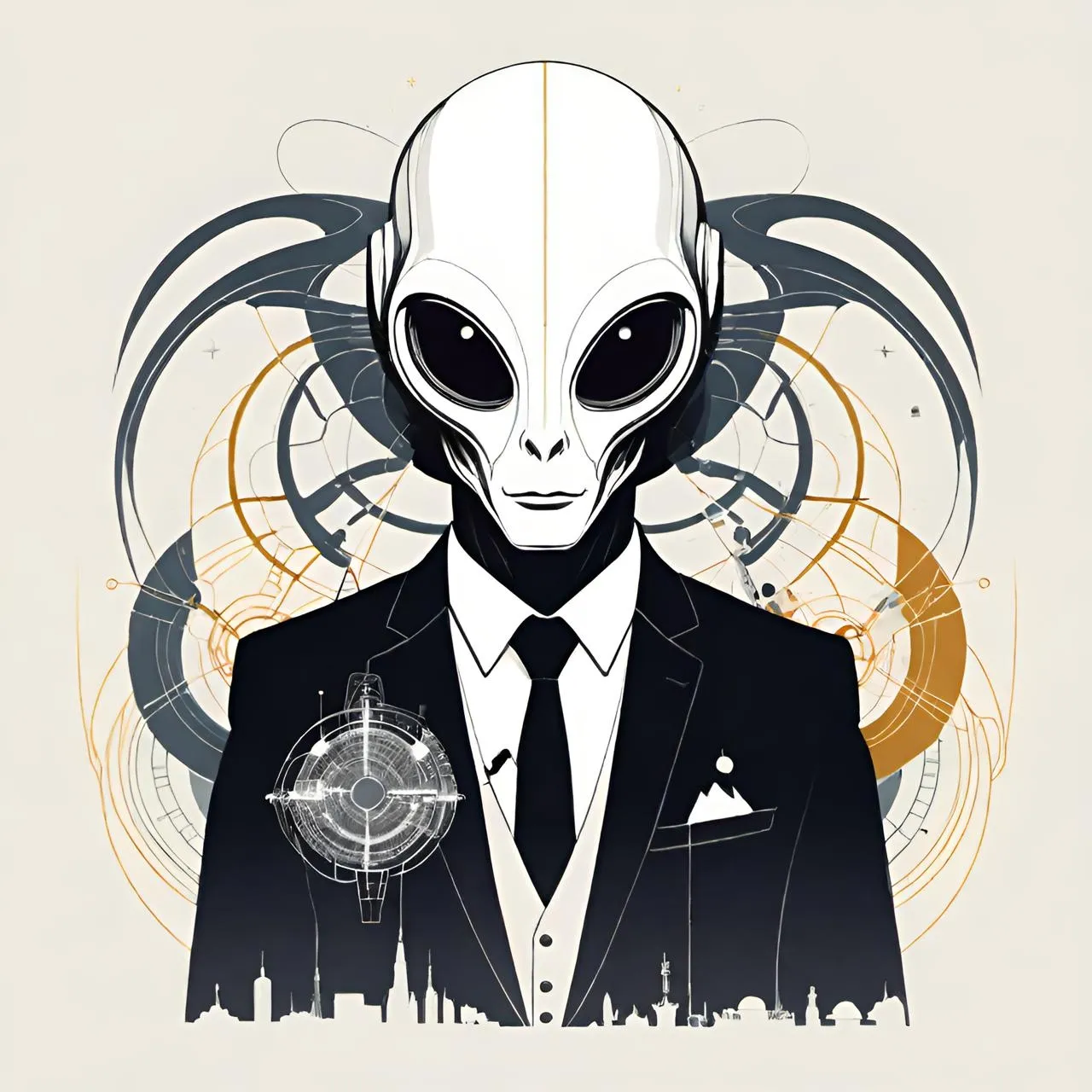 a man in a suit with an alien head