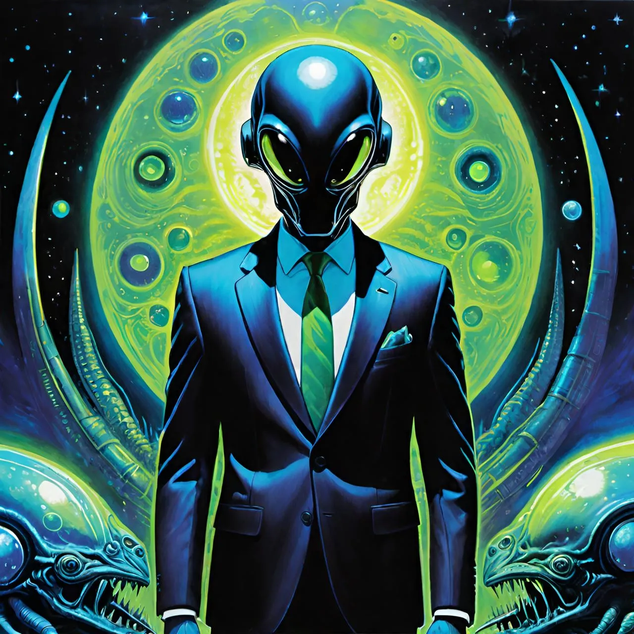 a painting of a man in a suit with an alien head