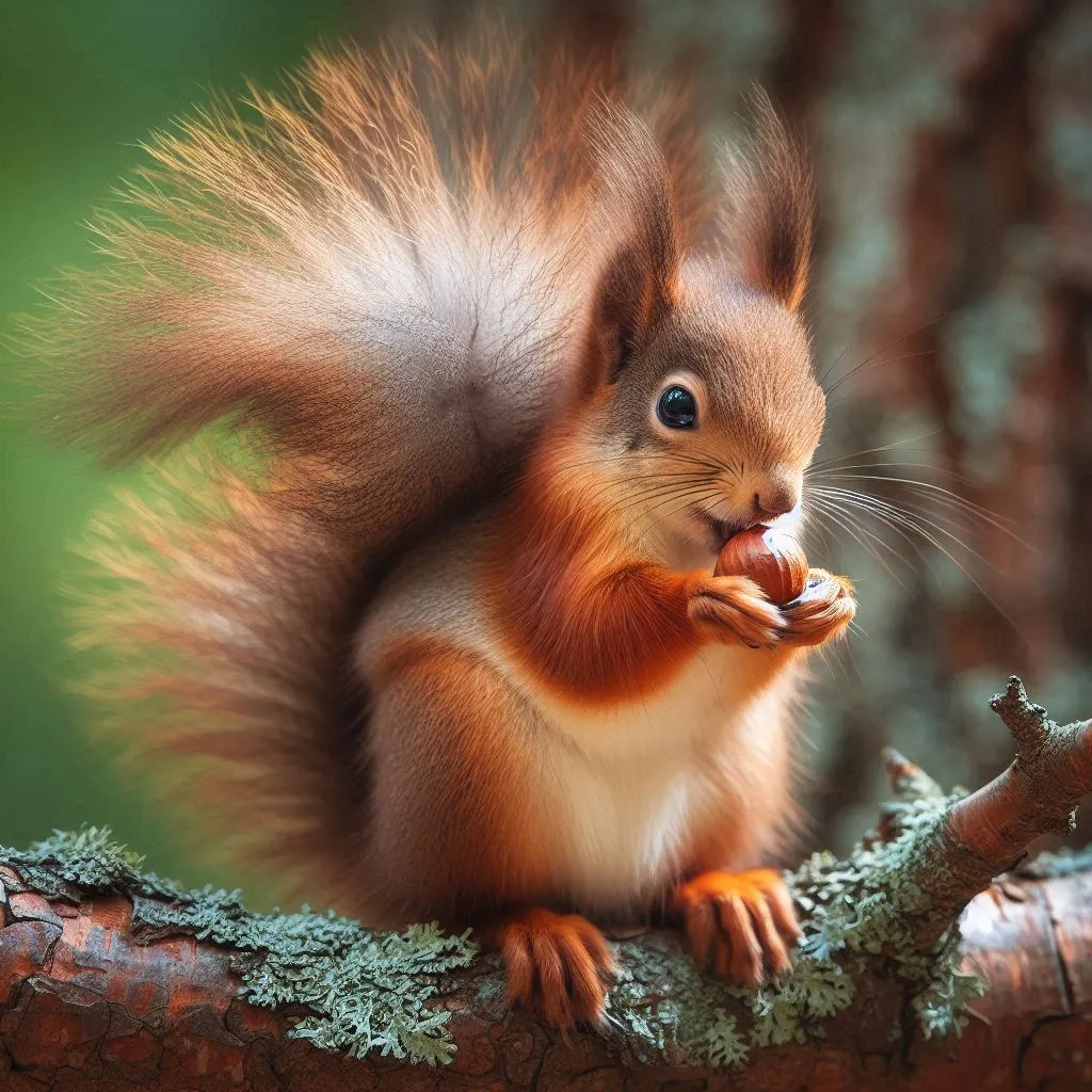 A squirrel eats a nut that it holds in its paws. The background is motionless, the movement of the squirrel, her cheeks. Leave the tail as beautiful as in the picture