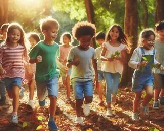 a group of children running through a forest